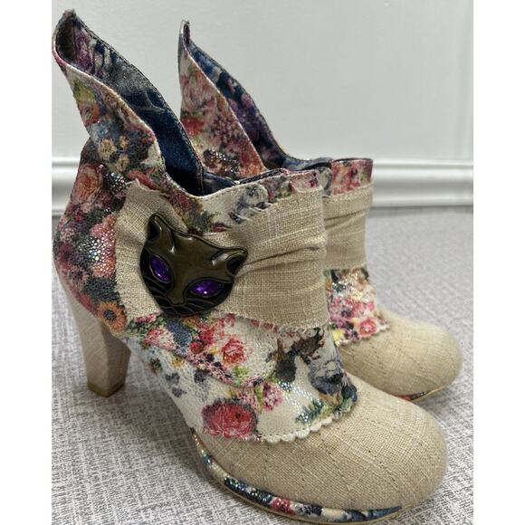Irregular Choice Shoes - Irregular Choice Miaow Heeled Ankle Boots 38 / 7.5 Cat Floral Brocade Whimsy